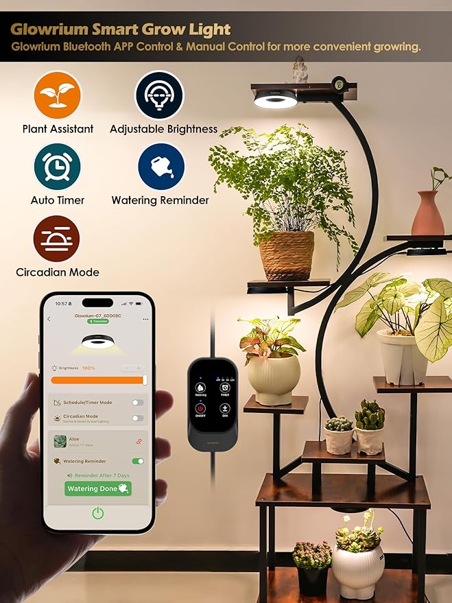 GLOWRIUM Grow Lights for Indoor Plants,48W Smart Full Spectrum LED Grow Light, Auto Timer and Stepless Dimming,Plant Assistant with Watering Reminder,Modular Design (Black, 6 PCS)