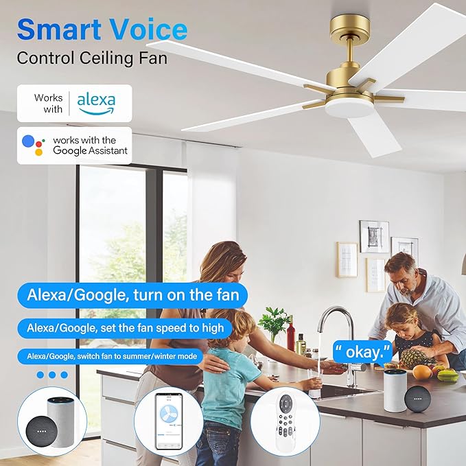 60 Inch Smart Ceiling Fan with Lights Remote,Control via Voice Alexa Google App Wifi,Silent DC Motor,Dimmable,Outdoor Indoor Modern Ceiling Fans for Large Bedroom Living Room Patio,Gold White Black