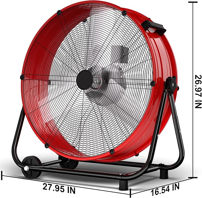 Uthfy 8800CFM Heavy Duty Industrial Drum Fan, 24 Inch High Velocity Floor Fan with 360° Tilt,2 Casters,Handle,3 Speeds 320W Garage Fan for Shop,Patio,Yard,Commercial,Workshop,Factory