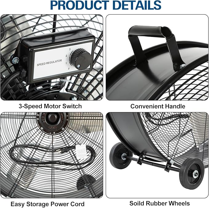 BILT HARD 34" 15000 CFM High Velocity Drum Fan, 2-Speed Heavy Duty Industrial Shop Fan with Casters & Handle for Warehouse, Factory Workshop and Garage Use