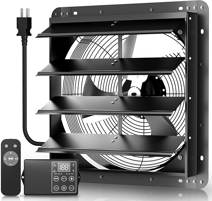 Xcity 24" Shutter Exhaust Fan with 6 ft Power Cord, AC Motor Attic Fan, Smart Speed Remote Control (32.8ft Range), Auto Temp & Timer, Vent Fan for Home, Commercial, Garage, Window Ventilation