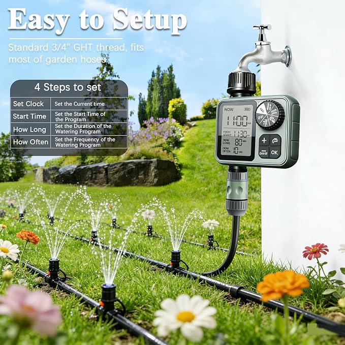 Sprinkler Timer Ourdoor,Digital Pogrammable Hose Timers with Rain Delay/Manual/Automatic Drip Irrigation Controller System,Smart Water Timer for Garden Hose with Large Display for Garden, Lawn, Yard