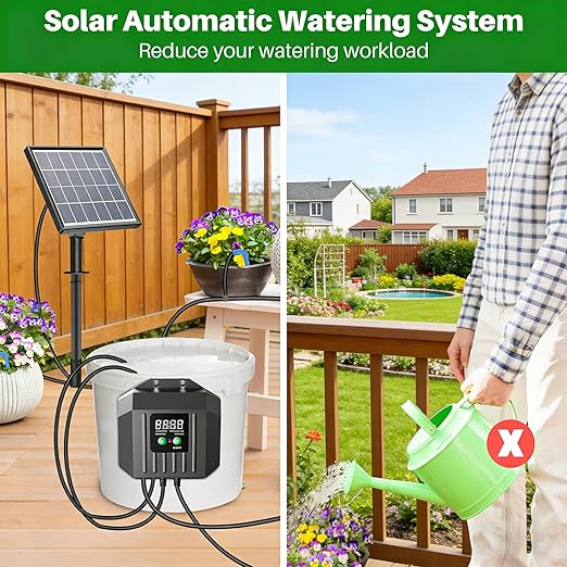 Biling 3W Solar Powered Drip Irrigation System, Digital Programmable Automatic Watering Kit with 2200mAh Battery for 15 Potted Plants, Indoor/Outdoor Use for Garden, Patio, Greenhouse