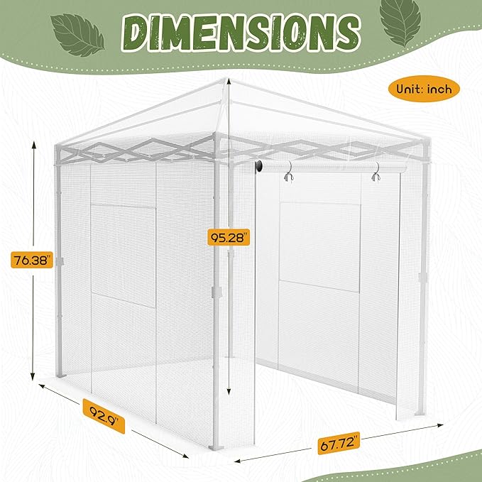 Devoko 8x6 FT Walk-in Greenhouse, Instant Pop Up Green House for Outdoors with PE Cover, Zippered Door and 2 Roll-up Windows, Portable and Easy Assemble (White)