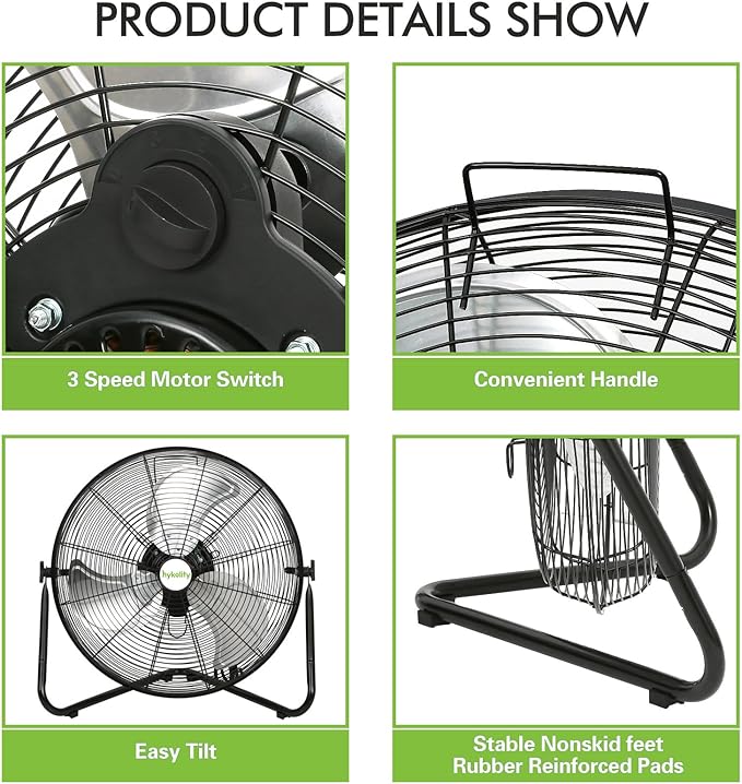 hykolity 20" High Velocity Floor Fan, 3-Speed 4650 CFM Heavy Duty Industrial Metal Shop Fan with Wall-Mounting System, Ideal for Commercial, Garage, Greenhouse and Gym