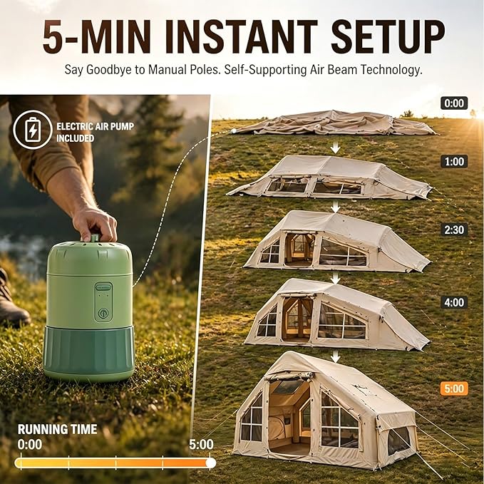 Luxury Inflatable Air Tent House, Wood Stove Ready Glamping Tent with Dual Pumps, Ventilated Oxford Cabin Tent with Mesh Windows, Instant Pitch Family Tent