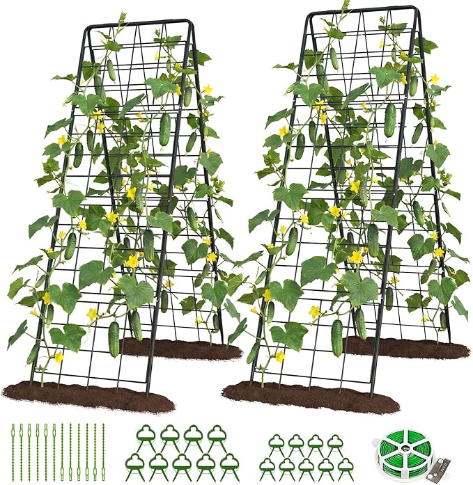 DoCred Cucumber Trellis, 71" H 2 Pack Metal Foldable Upgraded A Frame Garden Trellis for Raised Bed Climbing Plants, Vegetables, Including Plant Support Clips, Twist Ties, Plastic Ties, Black