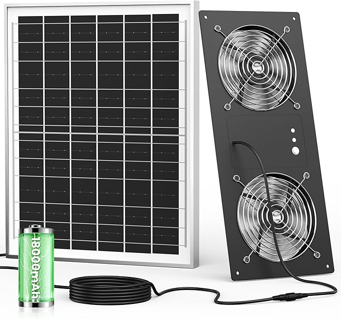 Solar Fan for Chicken Coop with Battery and Timer, 40W 18000 mAh Solar Powered Exhaust Fan for Greenhouse, Outdoor, Shed, Vent, Doghouses, Windows, RV, High Wind Speed, Rainproof