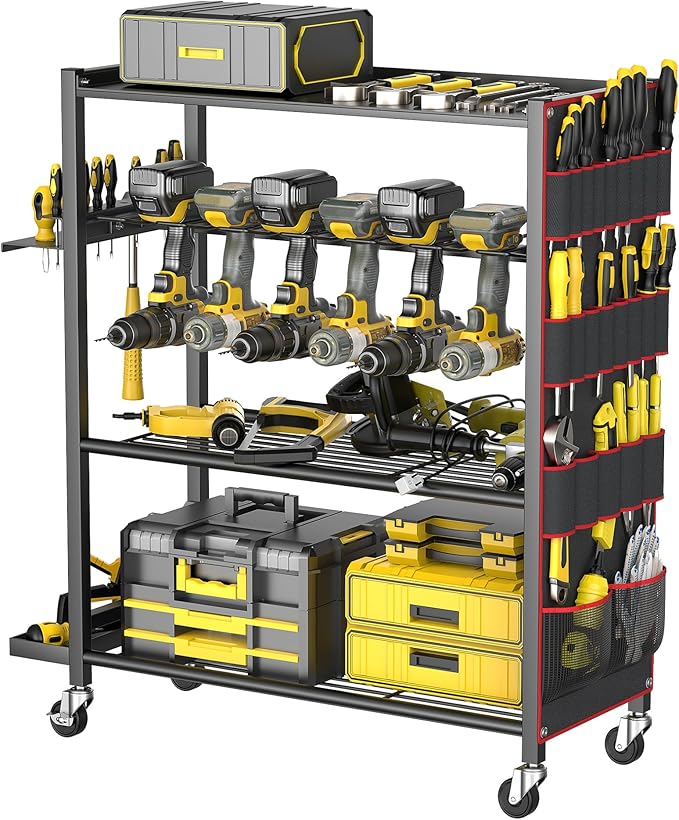 WALMANN 4-Tier Rolling Power Tool Storage Cart, Large Drill Organizer with Slots for 12 Drills, Floor Standing Cordless Tool Rack with Wheels for Garage & Workshop