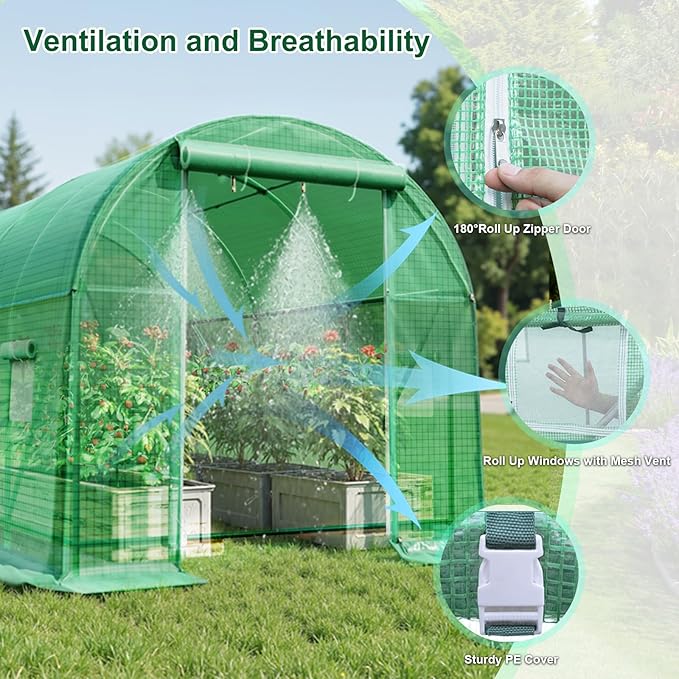 Greenhouse with Watering System, Outdoor Greenhouse with 6 Mesh Windows and 1 Door, Greenhouses with Drip Irrigation System for Plants, Seedlings, Flowers and Garden Raised Beds (12x7x7 FT)