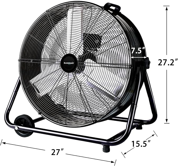 Bestronair 24 Inch High Velocity Drum Fan, 8100CFM Heavy Duty Industrial Floor Fan for Garage, 360° Tilt Metal Shop Fans with 3 Speeds for Warehouse, Factory, Commercial, Basement, Workshop, Gym