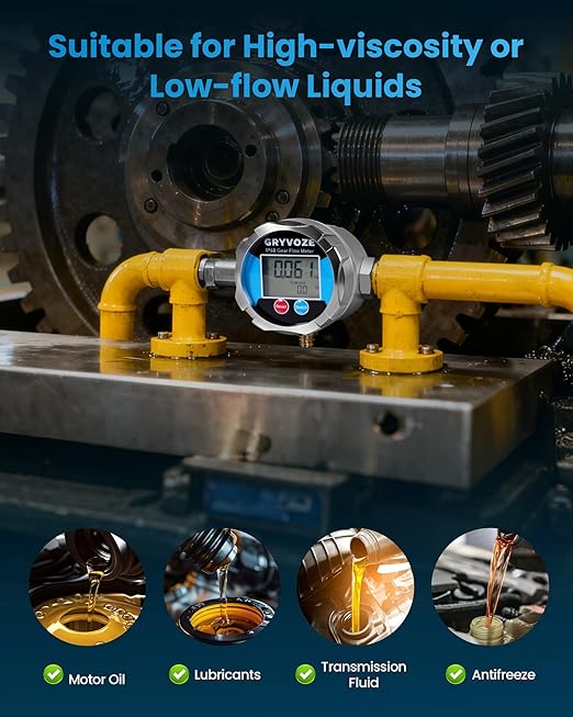 1/4" NPT Digital Gear Flow Meter, ±0.5% Accuracy, 0.026–5.28 GPM, for Low-Flow, High-Viscosity Liquids, Compatible with Motor Oil, Lubricants, Antifreeze & Hydraulic Systems