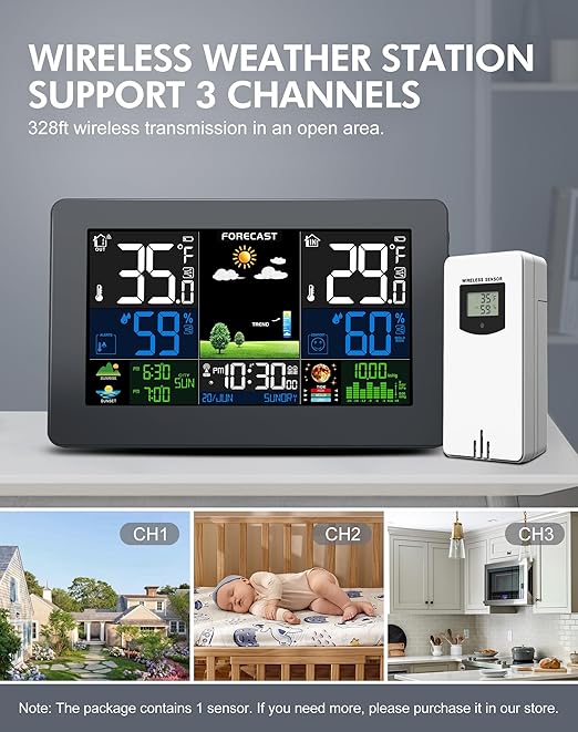 Weather Station Wireless Indoor Outdoor, Digital Thermometer with Remote Sensor, Large Display Home Weather Stations with Weather Forecast, Atomic Clock, Barometric Pressure, Moon Phase