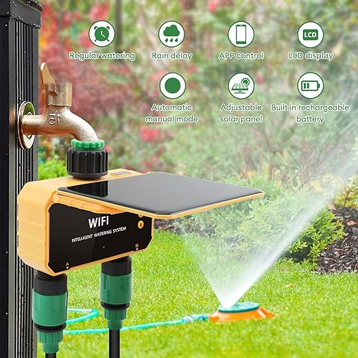 WiFi Hose Timer 2 Zone, Smart Solar Sprinkler Timer Automatic Irrigation Controller with Rain Sensing, Garden Hose Watering System for Lawns Yard