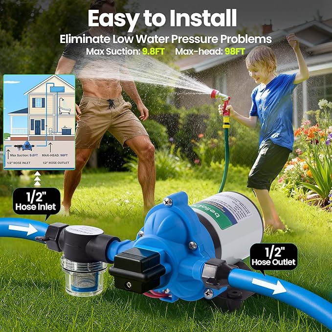 12V Water Pump - 3.5 GPM Pure Copper Motor Self-Priming Diaphragm Pump with 40-80 PSI Adjustable Pressure Switch for RV, Marine & Agricultural Use