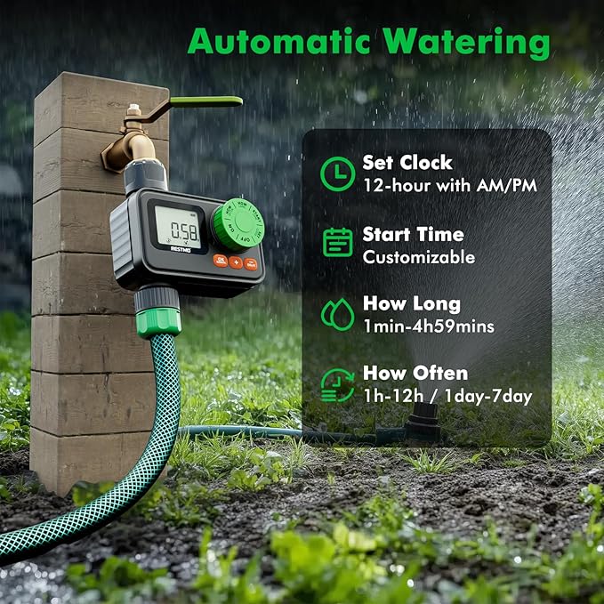 [2 Pack] RESTMO Sprinkler Timer, Programmable Water Timer for Garden Hose, Automatic Digital Control | Manual ON/Off | Rain Delay for Outdoor Faucet, Drip Irrigation and Lawn Watering System