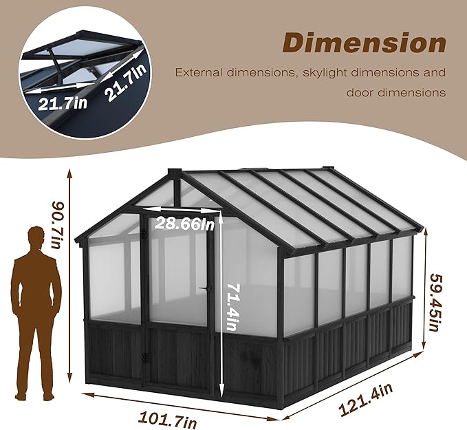 MUPATER 8x10 FT Walk-in Greenhouse Kit Outdoor, Large Wooden Greenhouse with 6mm Polycarbonate Panels, Adjustable Ventilation & Locking Door for Backyard, Patio, Black