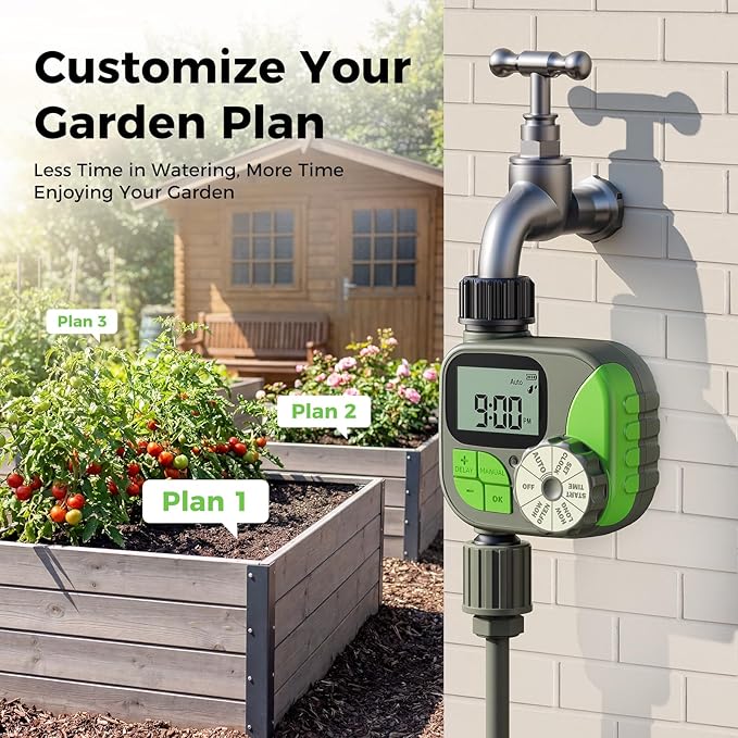 Sprinkler Timer, Watering Timer for Garden Hose, Programmable Hose Faucet Timers with Rain Delay, Outdoor Soaker Automatic & Manual Drip Irrigation Controller System for Lawn Yard Greenhouse