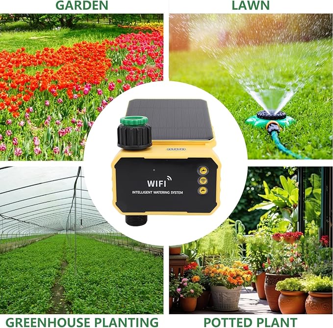 Eujgoov WiFi Solar Sprinkler Timer, Automatic Watering Controller with Rain Sensor and App Control for Villas Balconies Rooftop Gardens