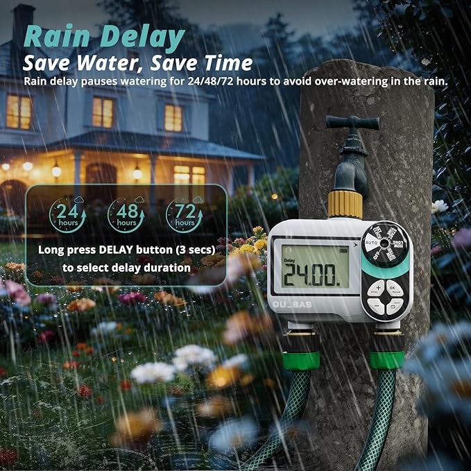 QUOBAS Brass Sprinkler Timer 2 Pack, Programmable Water Hose Timer for Garden Hose Faucet with Waterproof LCD Screen, Rain Delay/Manual/Automatic Irrigation Watering System for Garden, Lawn, Yard