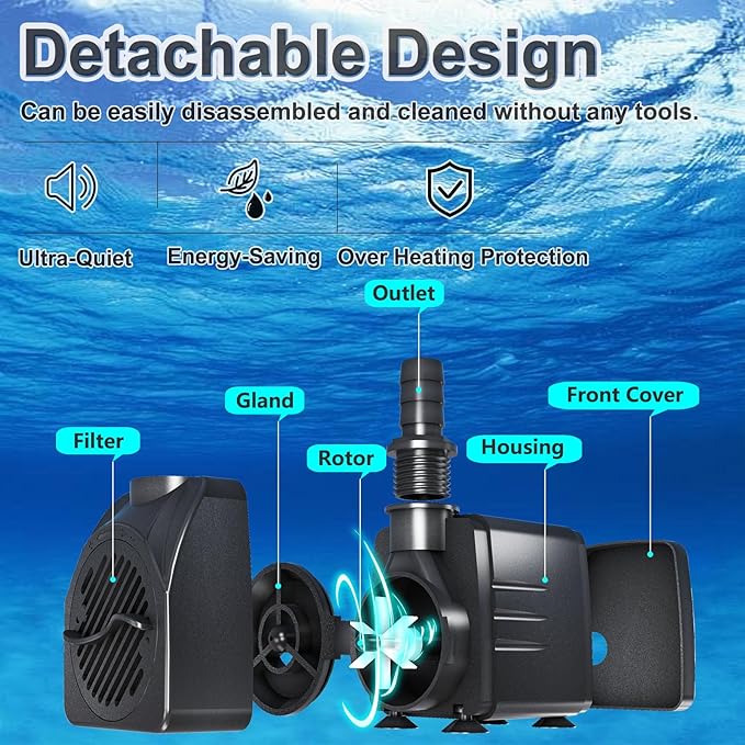 SongLong 400GPH 10ft Power Cord Submersible Pump with Tubing, Over Heating Protection Water Pump with 6.5ft Lift for Fountains, Aquariums & Hydroponics.