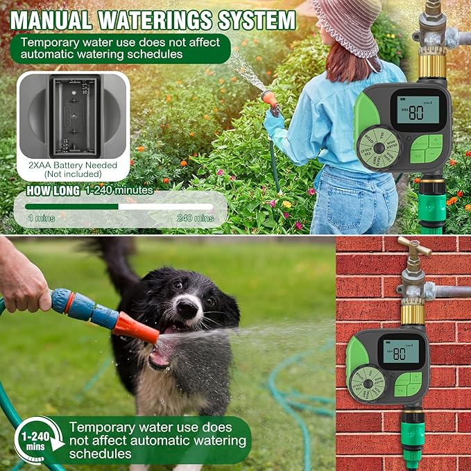 Kingdder Water Timer, Sprinkler Timer with Brass Inlet and Outlet Programmable Garden Hose Faucet with Rain Delay/Manual/Automatic Irrigation System for Yard Lawn IP54 Waterproof (1 Outlet)