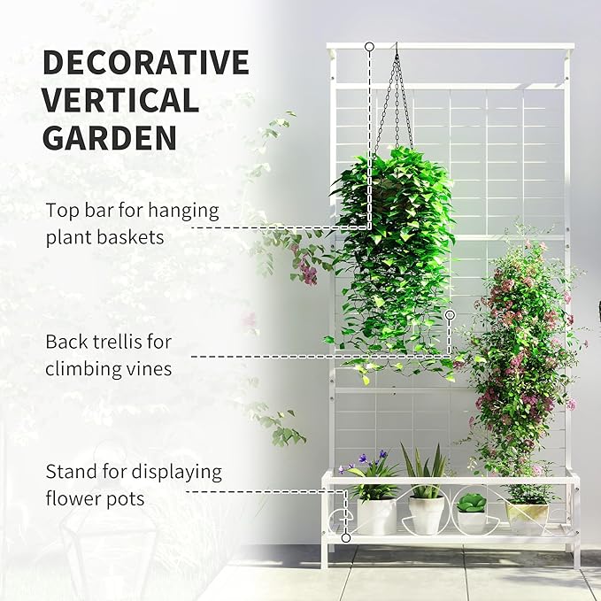 Outsunny Tall Plant Stand with Trellis and Hanging Bar, Metal Plant Holder Flower Stand for Vine Climbing Plants Flowers Indoor Outdoor Use, 36" x 12.8" x 74", White