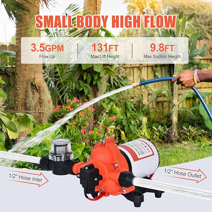 DC 12V RV Water Pump 3.5GPM 45PSI, 12 Volt On Demand Water Pressure Pump with Pressure Switch Quiet Self-priming Portable Diaphragm Pump for RV Camper Marine Garden Yacht Boats irrigation Rain Barrel