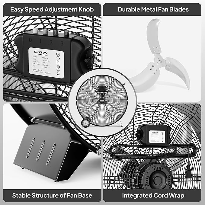 ROVSUN 24 Inch High Velocity Drum Fan, 9500CFM Industrial Metal Floor Fan with Handle, Heavy Duty, 3-Speed, Air Circulator for Shop, Garage, Gym, Barn, Commercial, UL Listed, Black