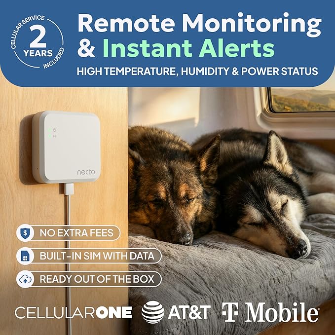Cellular Temperature Monitor - Remote Power Failure Alarm & Humidity Sensor with Unlimited Alerts. Temp Monitoring System for RV Pet Safety, Vacation Home, Server Room. No Fees or WiFi Required