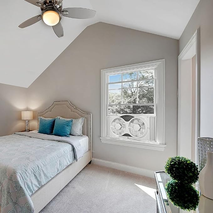 Comfort Zone Window Fan for Bedroom, 9 inch 3 Speed Dual Fans with Auto-Locking Expanders, 3 Modes (Cool, Circulate, Exhaust), Remote Control, Fabric Cover plus Bug Screen, White