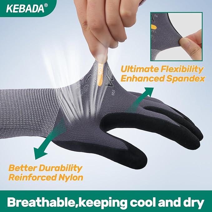 Kebada W2-1 Pairs Safety Work Gloves MicroFoam Nitrile Coated, Breathable & Full Touchscreen Seamless Knit Nylon Gloves for Precision Work, Automotive Tech & Logistics, XX-Large