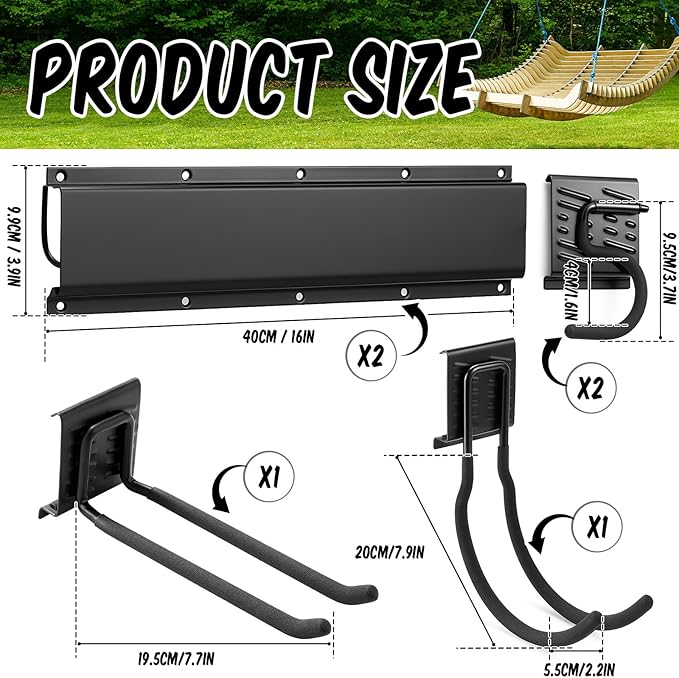 6 Pack Shed Tool Hooks Organizer Wall Mounted 32" Adjustable Storage Shed Accessories Double Straight Large Curved Mop Hook Metal for Large Small Tools Yard Gardening Rack Shovel Broom