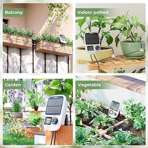 HIRALIY Solar Automatic Drip Irrigation System, Solar Powered Watering Device with Timer for Pots Plants, Drip Emitter Stake, with USB Port, for Indoor Irrigation Kit
