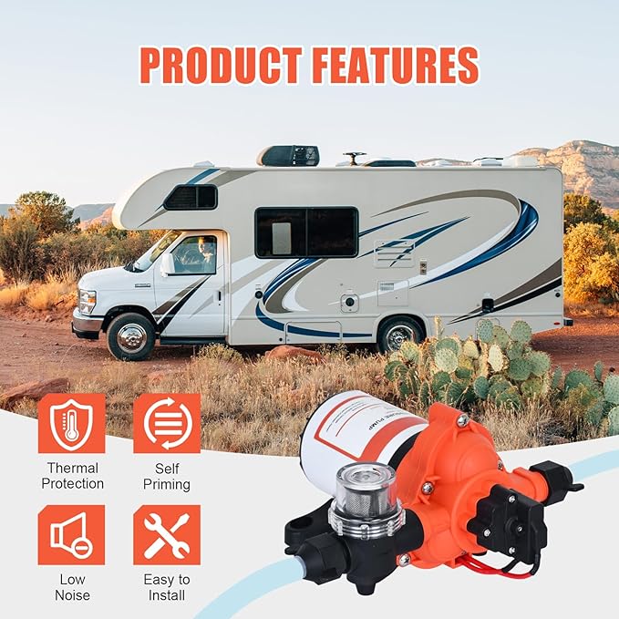 DC 12V RV Water Pump 3.5GPM 45PSI, 12 Volt On Demand Water Pressure Pump with Pressure Switch Quiet Self-priming Portable Diaphragm Pump for RV Camper Marine Garden Yacht Boats irrigation Rain Barrel