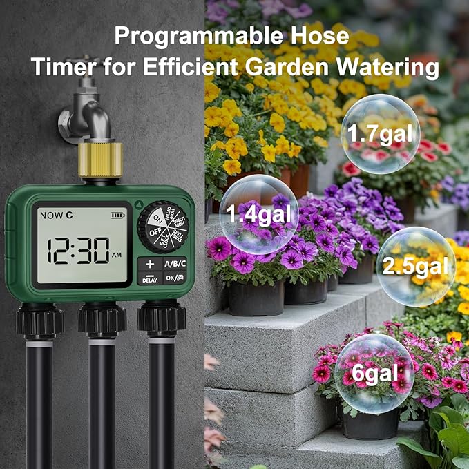 3 Zones Brass Inlet Water Timer for Outdoor Garden Hose, Sprinkler Timer for Garden Faucet with Auto/Manual/Rain Delay Mode, Sprinkler Irrigation Controller for Yard Lawn