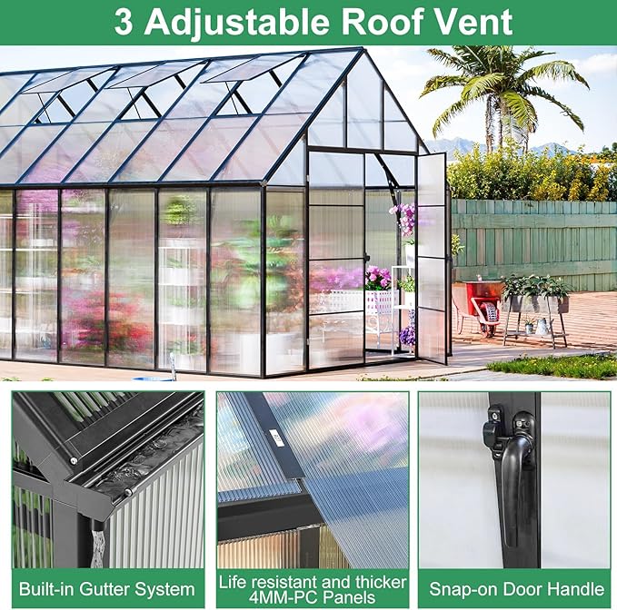 CDCASA 16.5x10.2 FT Greenhouse for Outdoors,Easy Assembly Large Polycarbonate Greenhouse Aluminum Greenhouses w/3 Vents Window, Swing Door, Garden Walk-in Green House