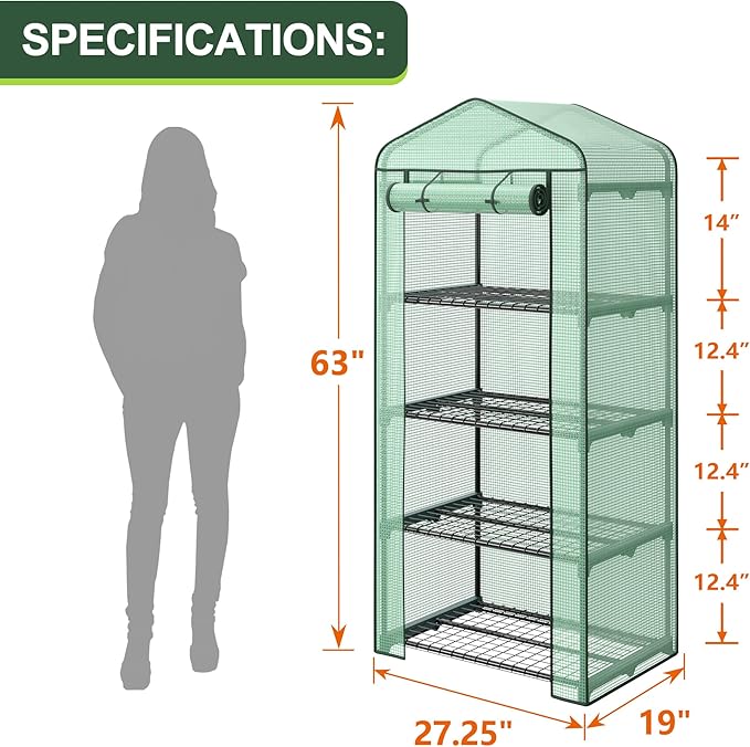 4 Tier Mini Greenhouse Indoor Outdoor with PE Cover and Roll-Up Zipper Door, Portable Waterproof Cloth Greenhouse Tent Grow Seeds & Seedlings, 2.3x1.5x5.3 FT