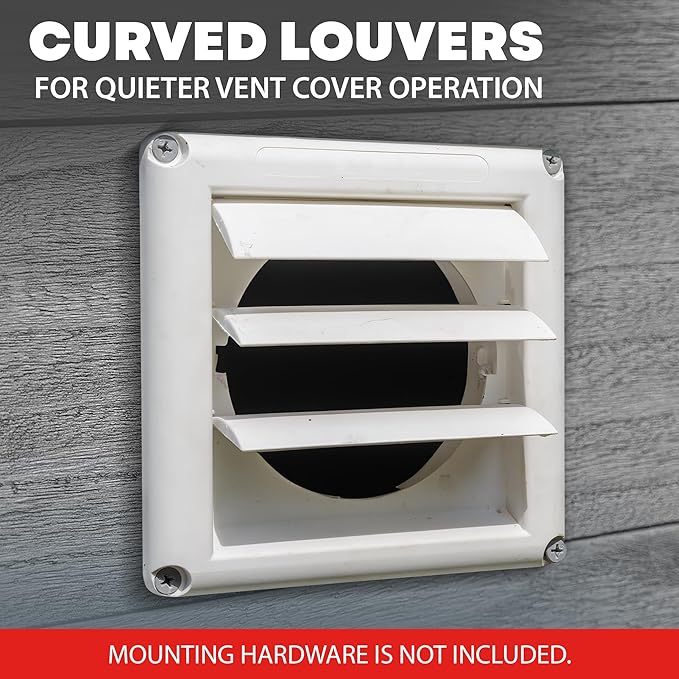 Deflecto Supurr-Vent 4” Outdoor Dryer Vent Cover White Louvered Wall Hood with Gravity Damper for Backdraft Prevention, Fits Standard 4” Dryer Exhaust Pipe, Weather & UV-Resistant, Durable 6"x6" Face