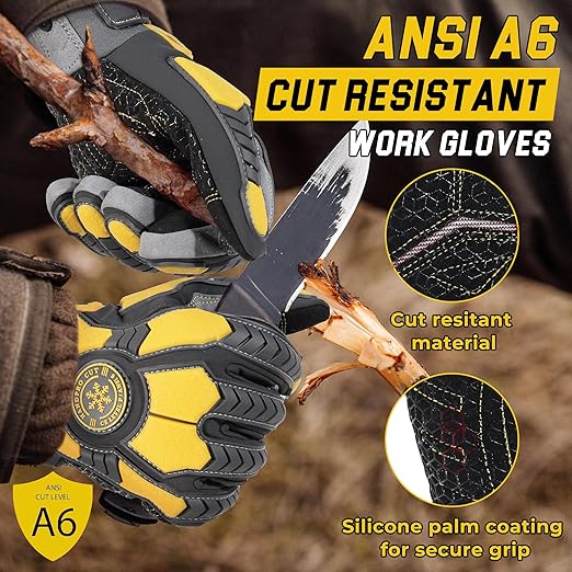 HANDLANDY Winter Cut Resistant Men Impact Resistant Work Gloves, Padded Palm Grip Heavy Duty Working Glove (XX-Large, Yellow)