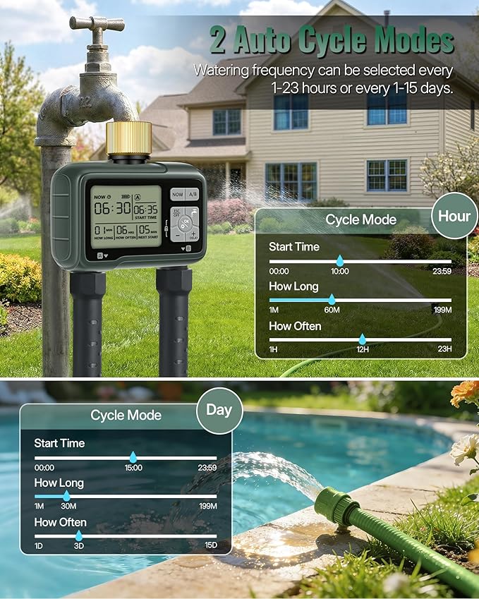 2 Zone Brass Sprinkler Timer, Garden Hose Timer, Automatic Irrigation System, Programmable Faucet, 2 Outlets, with Rain Delay, Manual Mode,Child Lock, for Yard, Garden, Lawn, Green E12WT06