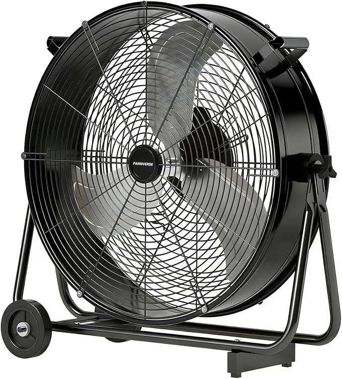 24 Inch Industrial Drum Fan 8800 CFM High Velocity Floor Fan for Garage, Warehouse & Workshop - 3-Speed Heavy Duty Metal Fan with 360° Tilt, Wheels & UL Safety Listed