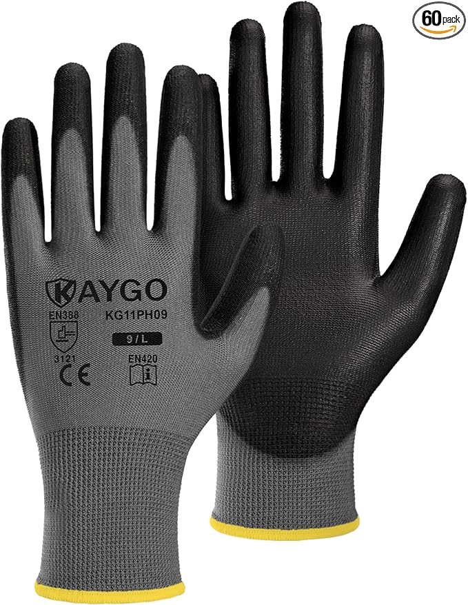 KAYGO Work Gloves for Men and Women, 60 Pairs Seamless Knit PU Coated Safety Gloves, with Smooth Grip on Palm and Fingers, Ideal for Light Warehouse, Manufacturing, Gardening, KG11P (L,Gray)