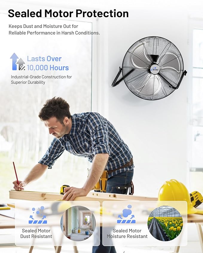 iLIVING 20 Inch Heavy Duty Floor & Wall Mount Fan - 5750 CFM High Velocity, 120-Watt, 3-Speed, Industrial Cooling for Garage, Workshop, Office, Home - UL Listed, Black
