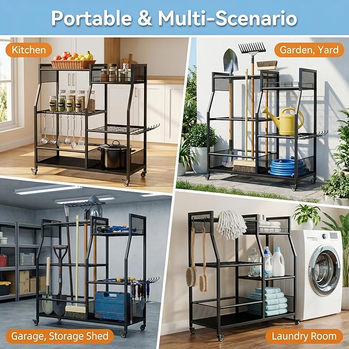 HOTEAGLE Garden Tool Organizer for Garage with 35.4” Width(High Stability), Outdoor Metal Utility Rolling Carts with Mute Wheels & 18.5mm Thick Rods, Easy to Clean, Black