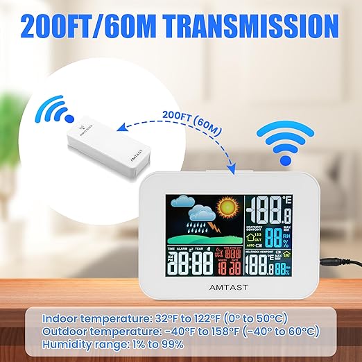 Wireless Weather Station Color Display Digital Weather Station with High Precision Sensor Indoor Outdoor Thermometer with Atomic Clock, Temperature, Humidity, Weather Forecast (Model AW-005)