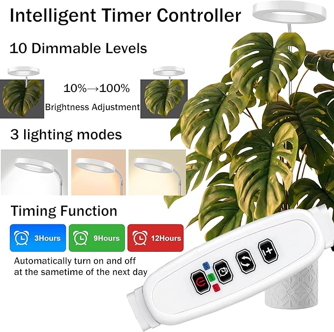 Grow Light for Indoor Plants, 6.3" Full Spectrum LED Plant Grow Light, 11.8-63in Height Adjustable Growing Lamp with Auto Timer 3H/9H/12H, 10 Dimmable Levels (White 1 Pack)