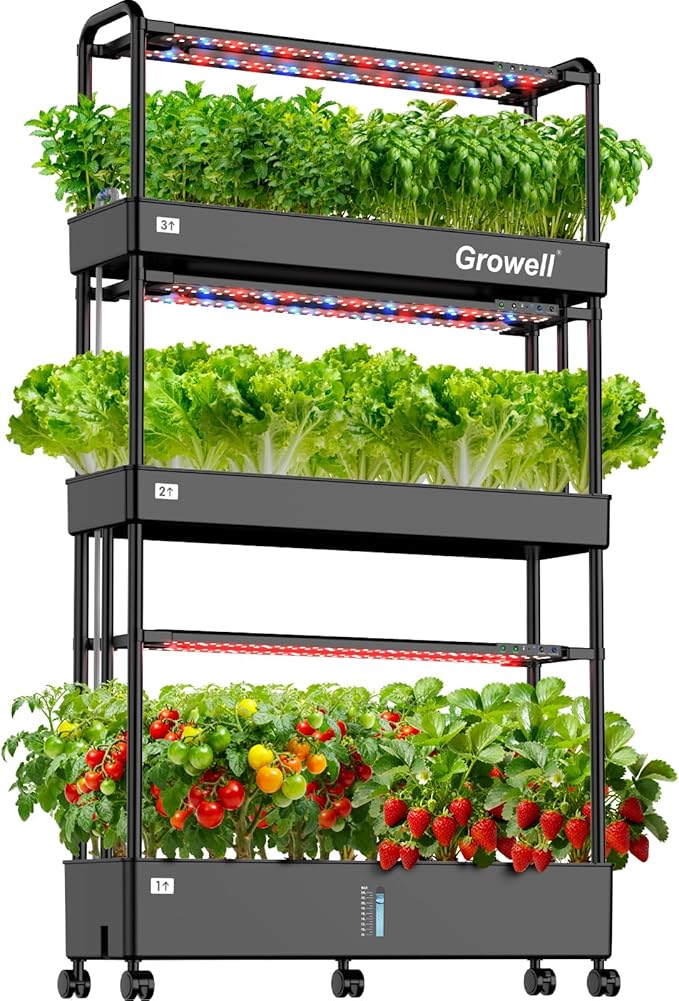 Growell 90-Pod Hydroponics Growing System, Large Vertical Hydroponic Garden with Smart Full-Spectrum Grow Lights, Auto Circulating Water, Mobile Indoor Gardening System for Herbs, Vegetables & Fruits