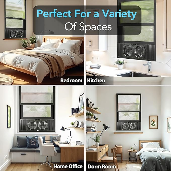 Comfort Zone Window Fan for Bedroom, 9 inch 3 Speed Dual Fans with Auto-Locking Expanders, Window Exhaust Fan, Removeable Bug Screen, Black
