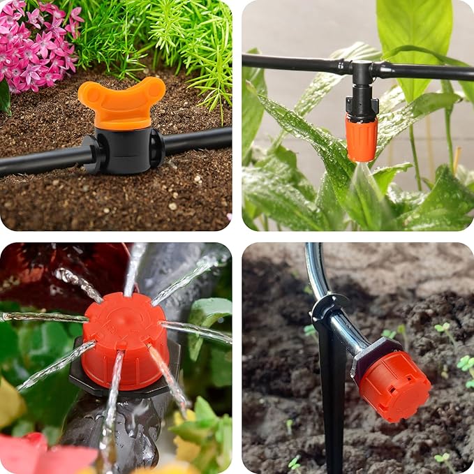 Drip Irrigation Fittings Kit for 1/4" Tubing, 220 Pcs Drip Line Connectors for Drip Systems - Valves, Nozzles, Micro Drips, Single barbs, 4 Way Cross, Tees, Couplings, End Plugs, Elbows, Hose Stakes